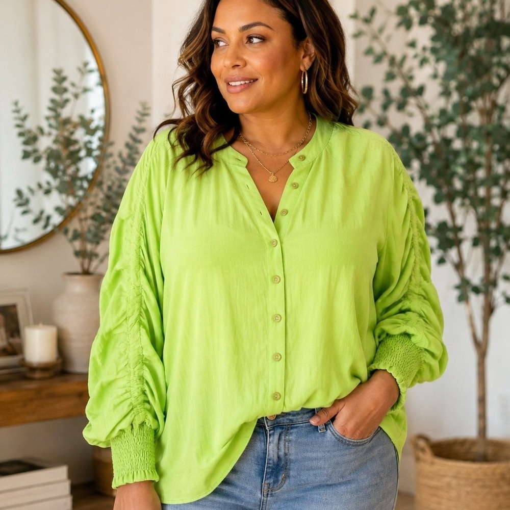 Spoon Jeans Lime Green Ruched Sleeve Blouse Women's 1X Cotton Statement Top